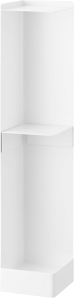 yamazaki tower toilet paper stocker rolling steel column in a small white bathroom
