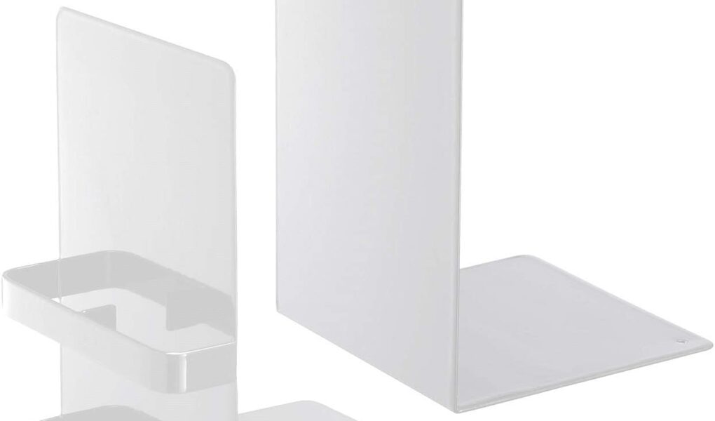 yamazaki tower book ends holding a row of hardcovers on a wood shelf