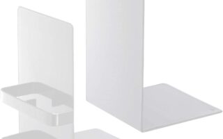 yamazaki tower book ends holding a row of hardcovers on a wood shelf