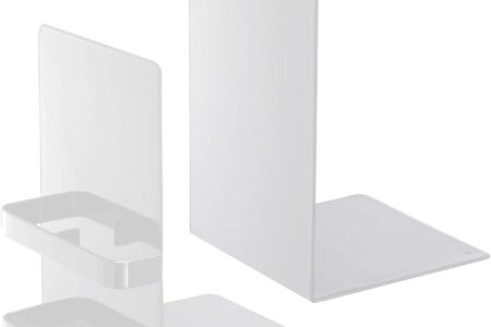 yamazaki tower book ends holding a row of hardcovers on a wood shelf