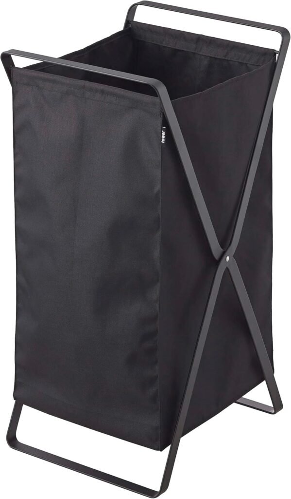 yamazaki tower storage tote on bathroom counter holding toiletries