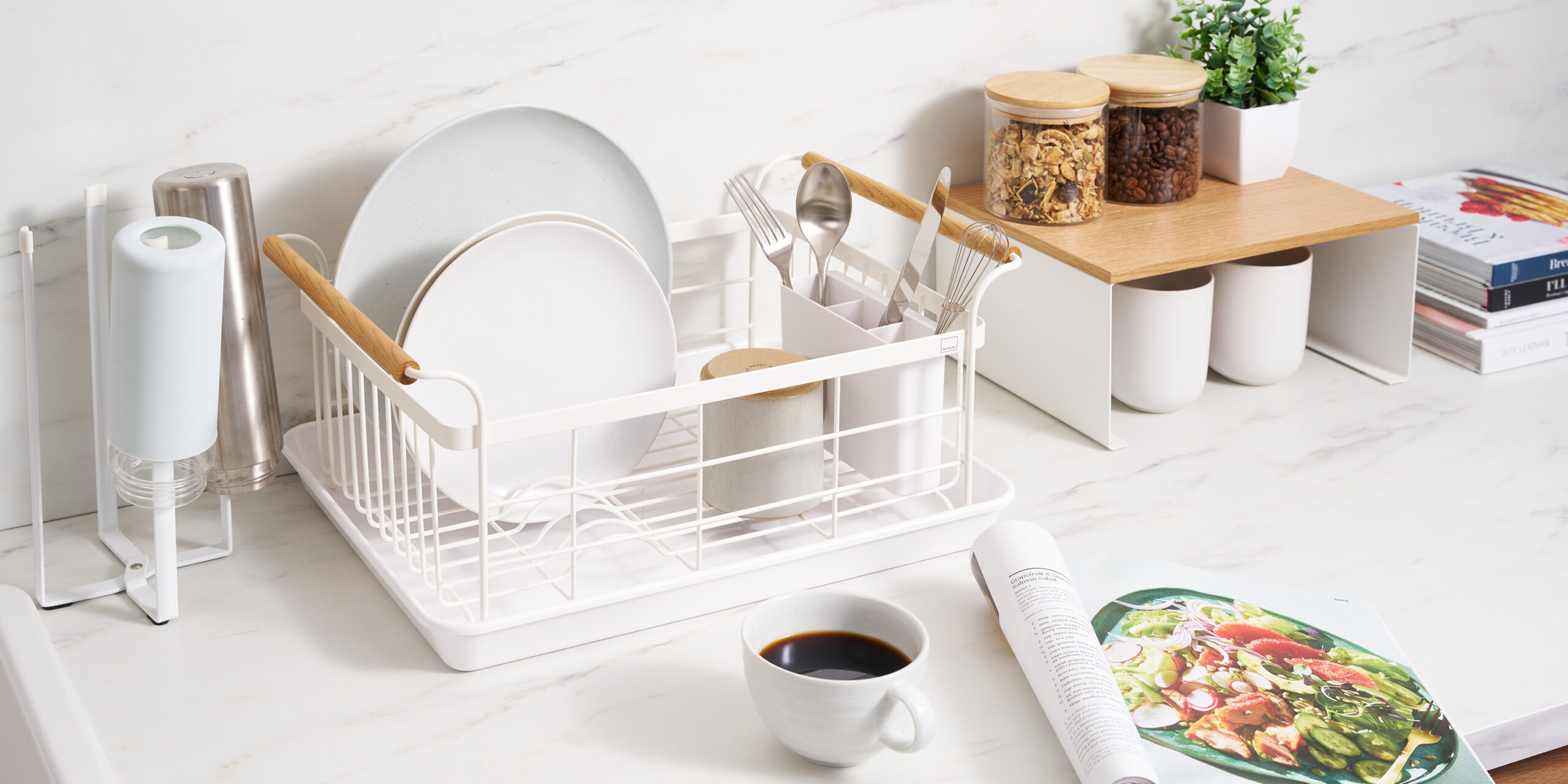 yamazaki tower rolling slim storage cart in a narrow kitchen gap