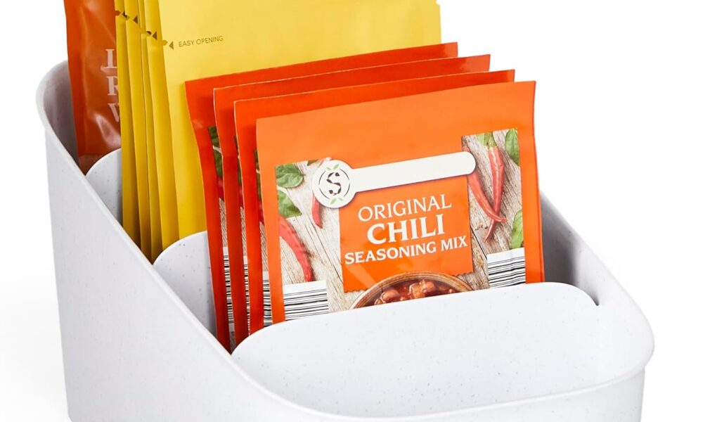 youcopia shelfbin pantry organizer with tiered compartments on a white shelf
