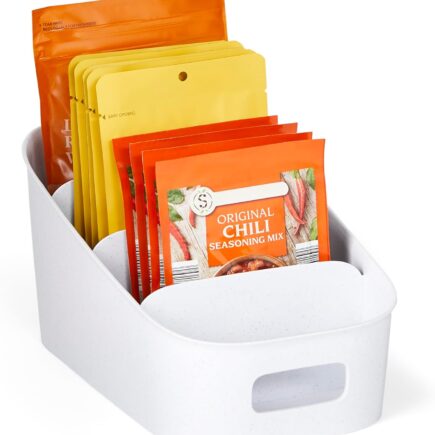 youcopia shelfbin pantry organizer with tiered compartments on a white shelf