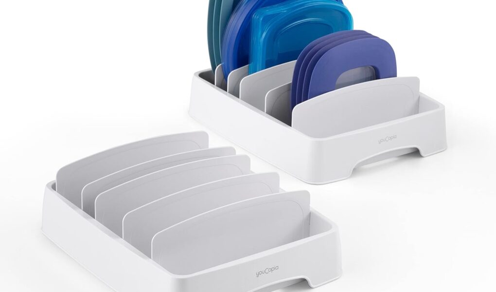 youcopia storalid large organizer filled with plastic lids in a kitchen cabinet
