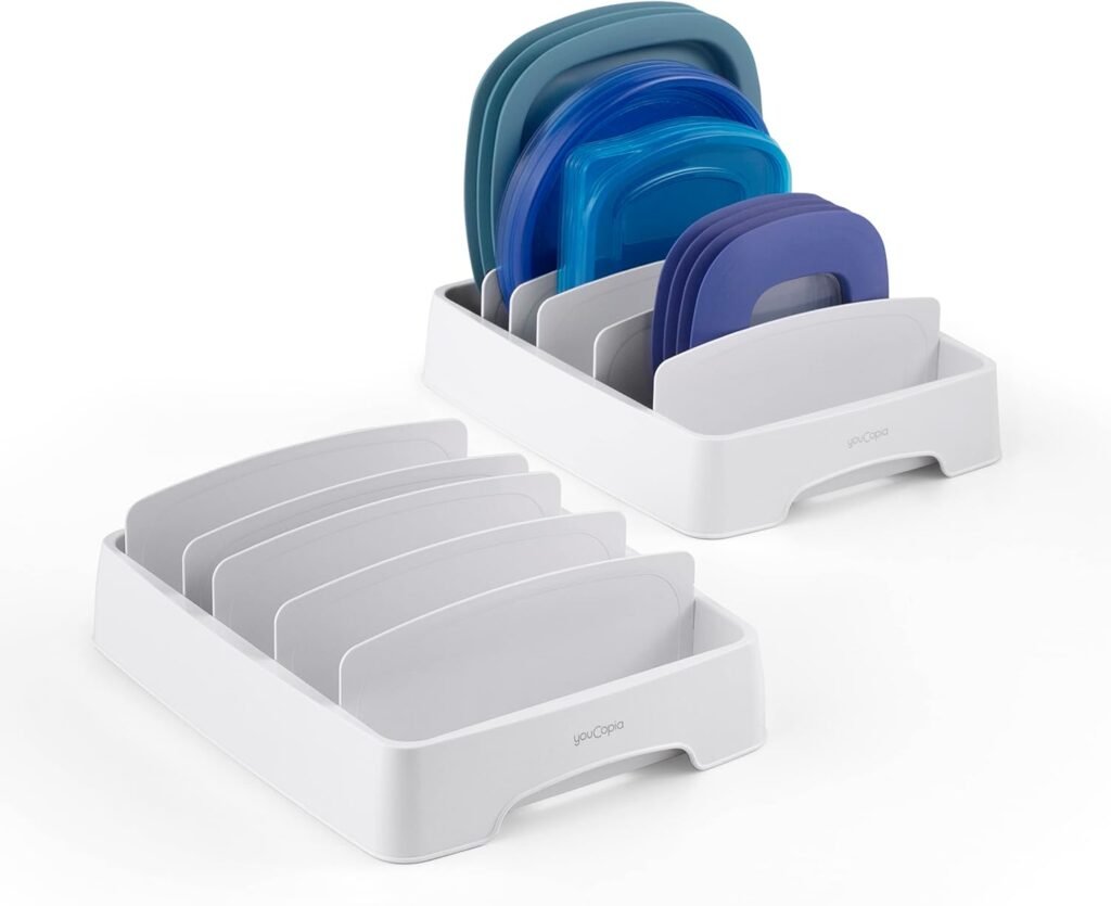youcopia storalid large organizer filled with plastic lids in a kitchen cabinet