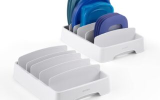 youcopia storalid large organizer filled with plastic lids in a kitchen cabinet