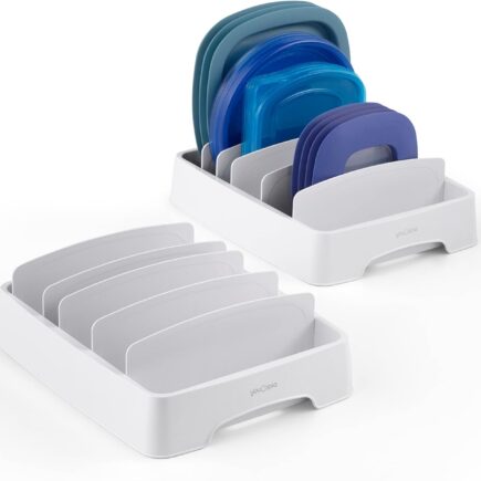 youcopia storalid large organizer filled with plastic lids in a kitchen cabinet