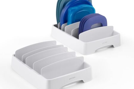 youcopia storalid large organizer filled with plastic lids in a kitchen cabinet