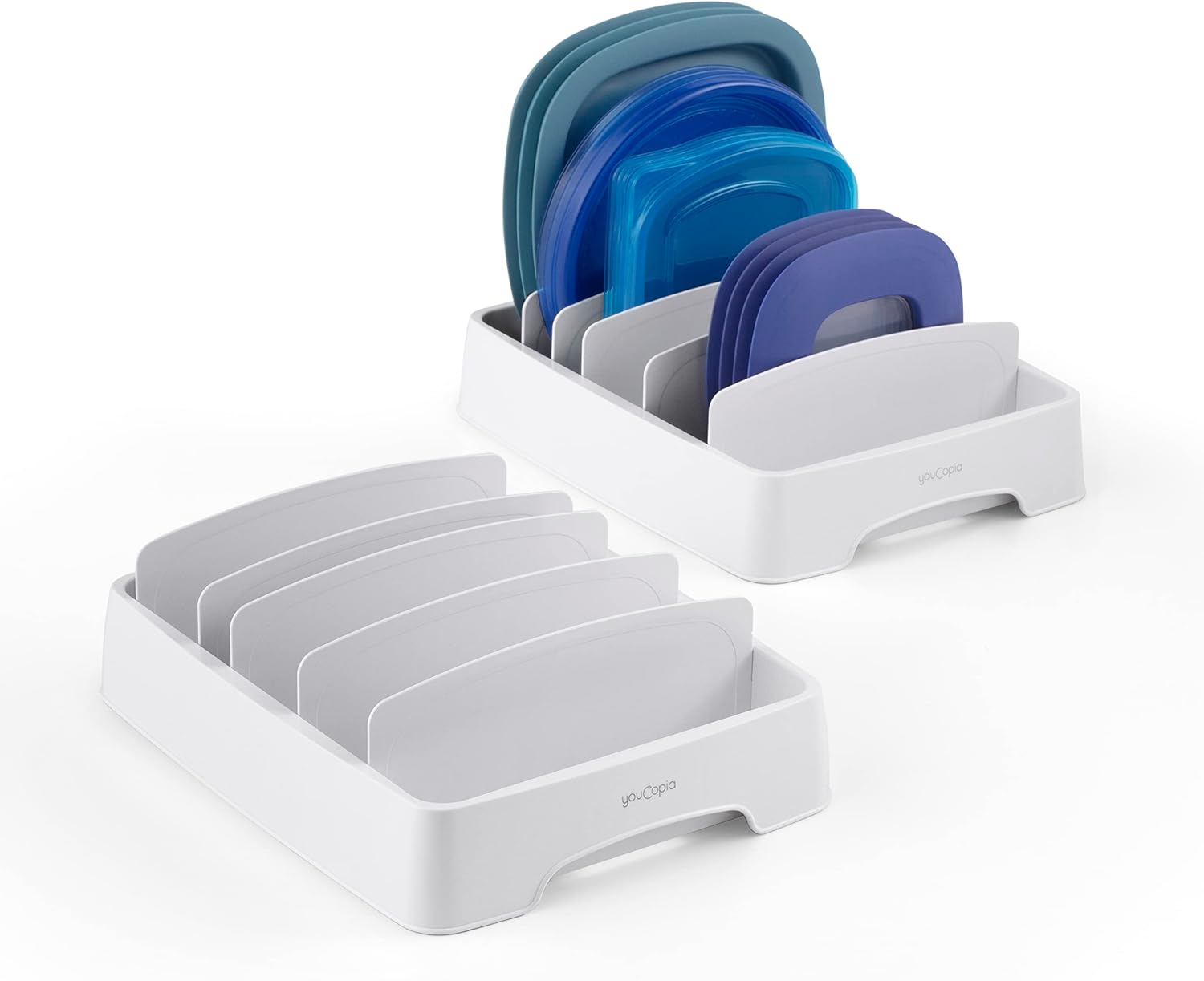 youcopia storalid large organizer filled with plastic lids in a kitchen cabinet