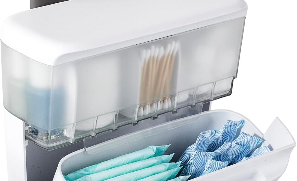 youcopia cabinet door organizer mounted on bathroom cabinet with adjustable compartments