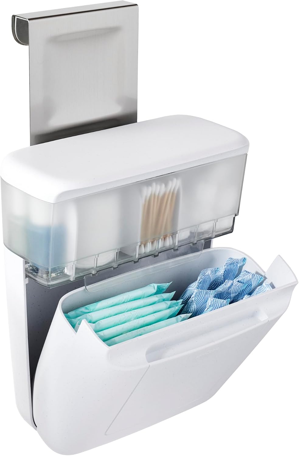 youcopia cabinet door organizer mounted on bathroom cabinet with adjustable compartments