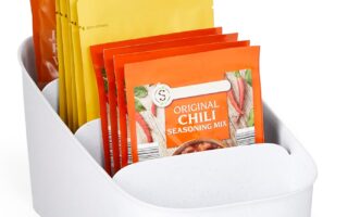 nyoucopia pantry organizers arranged on a kitchen shelf with lids and binsn