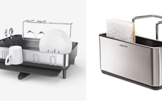 simplehuman steel frame dish rack full of plates draining into a sink