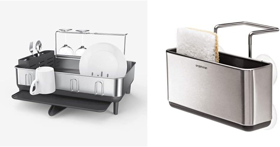 simplehuman steel frame dish rack full of plates draining into a sink