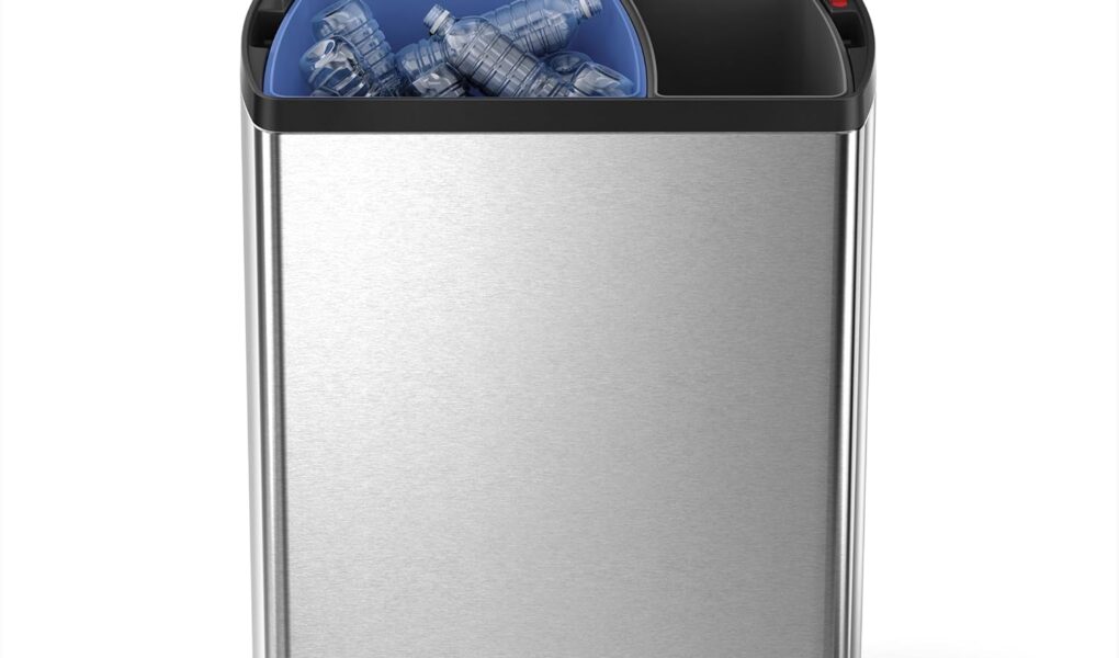 simplehuman 45 liter rectangular step trash can on a kitchen counter