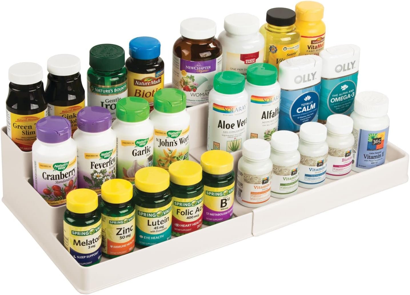 mdesign vanity organizer bin holding bottles on a bathroom countertop