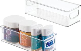 mdesign fabric storage bins stacked on a closet shelf with clear front window