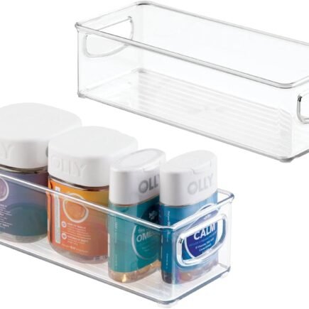 mdesign fabric storage bins stacked on a closet shelf with clear front window