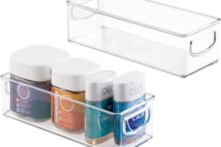 mdesign fabric storage bins stacked on a closet shelf with clear front window