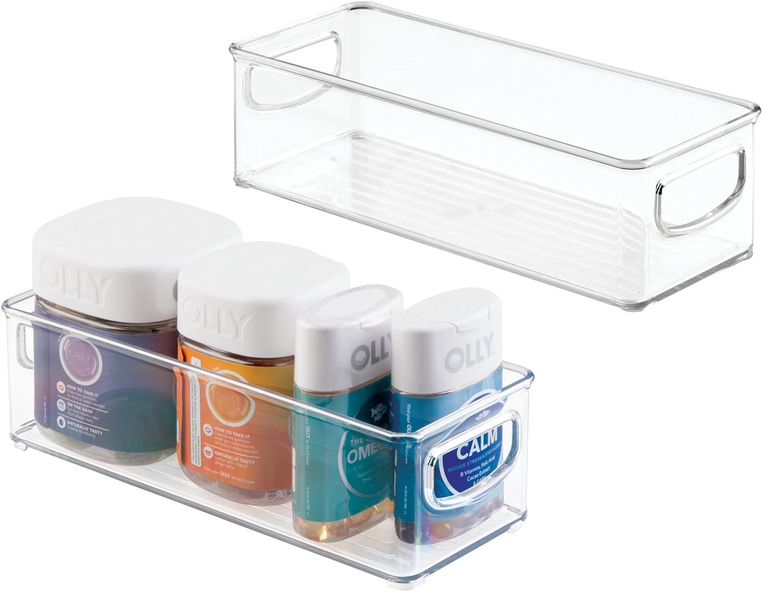 mdesign fabric storage bins stacked on a closet shelf with clear front window