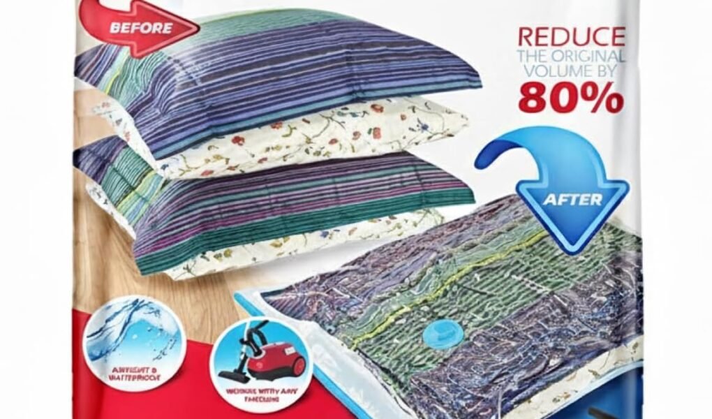 spacesaver vacuum storage bags compressing a folded comforter on a closet shelf