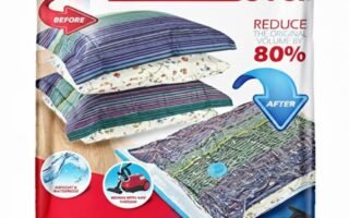 spacesaver vacuum storage bags compressing a folded comforter on a closet shelf