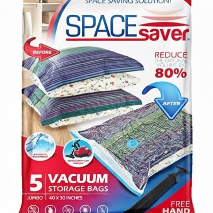 spacesaver vacuum storage bags compressing a folded comforter on a closet shelf