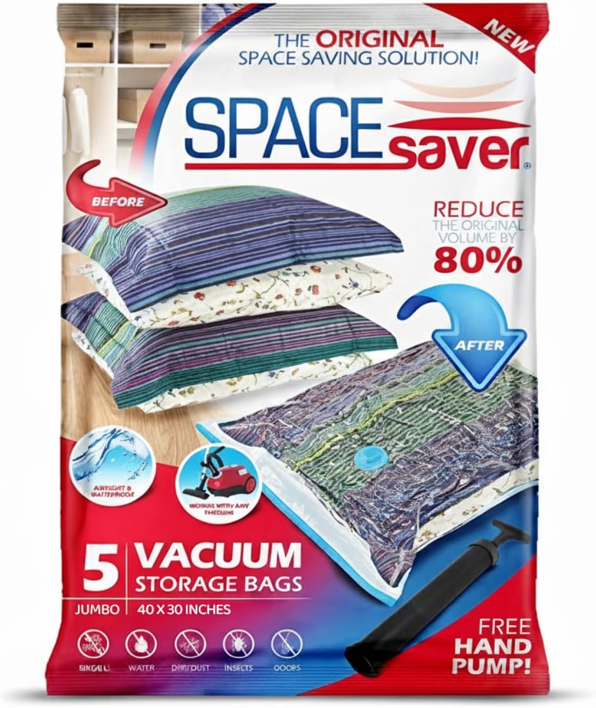spacesaver vacuum storage bags compressing a folded comforter on a closet shelf