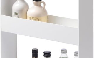 yamazaki rolling storage cart tucked into the gap beside a refrigerator