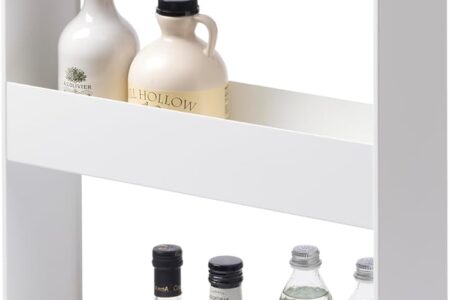 yamazaki rolling storage cart tucked into the gap beside a refrigerator