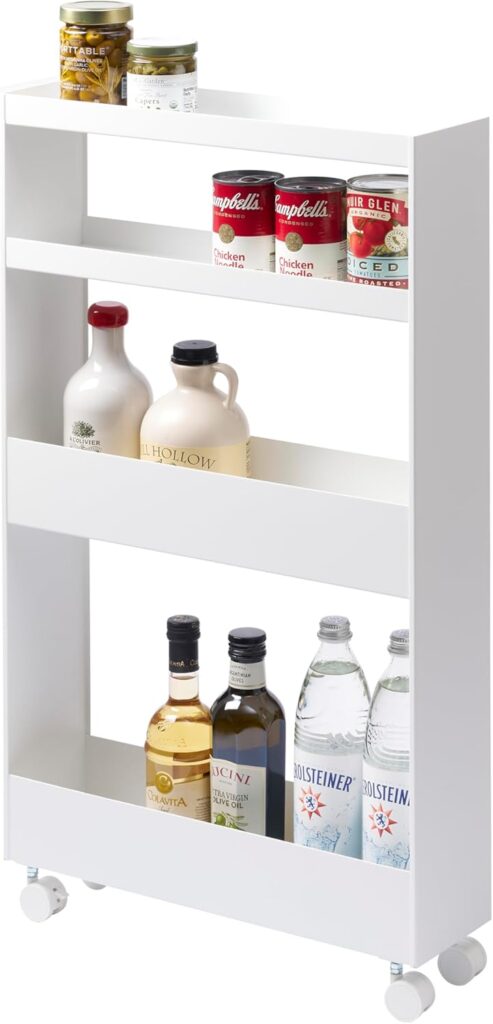 yamazaki rolling storage cart tucked into the gap beside a refrigerator