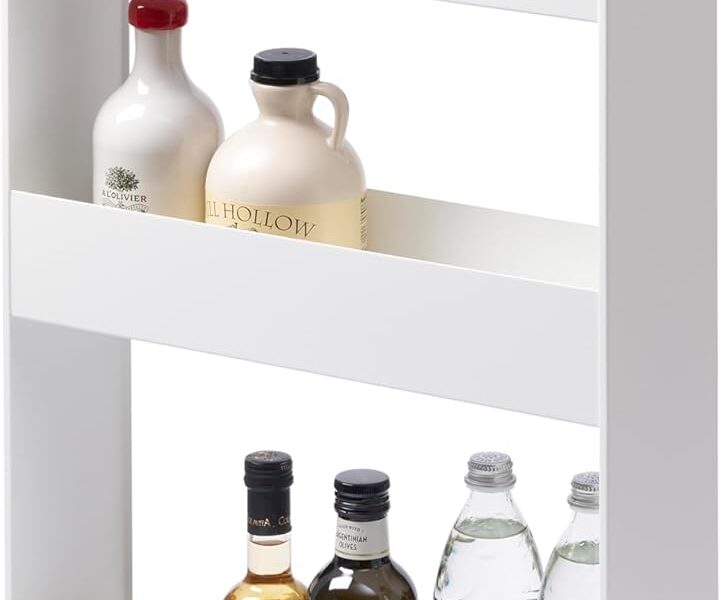 yamazaki rolling storage cart tucked into the gap beside a refrigerator