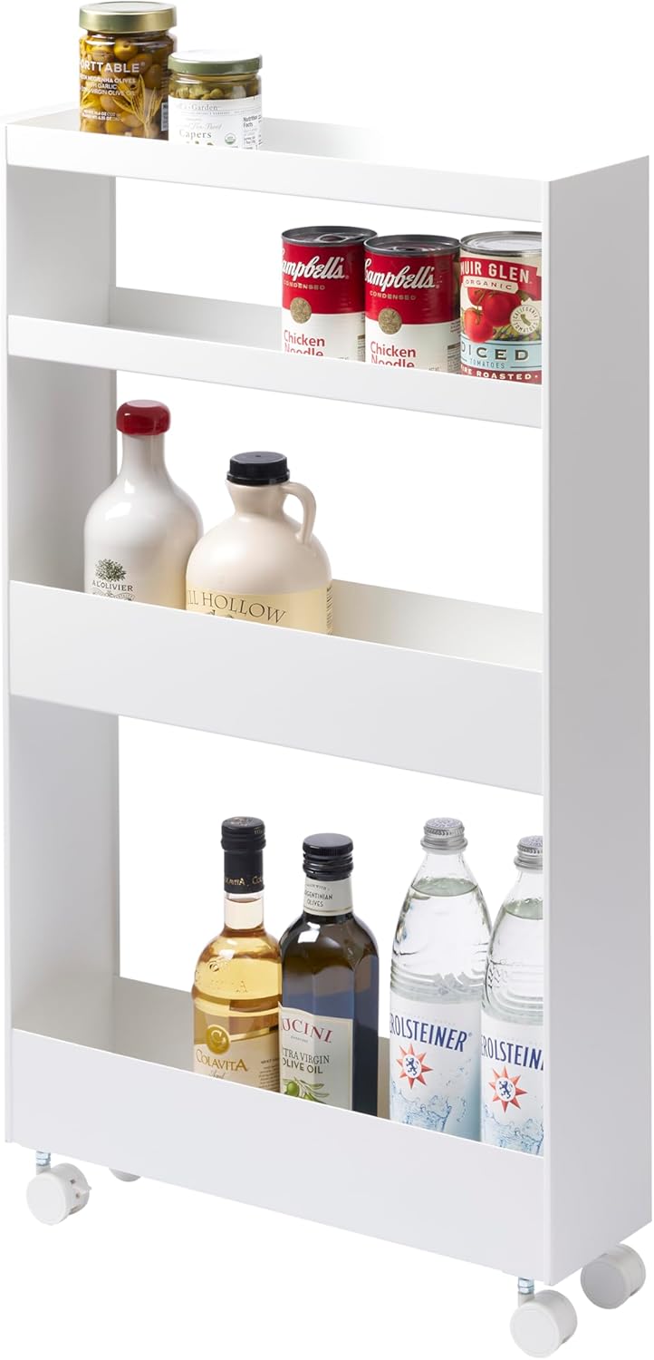 yamazaki rolling storage cart tucked into the gap beside a refrigerator