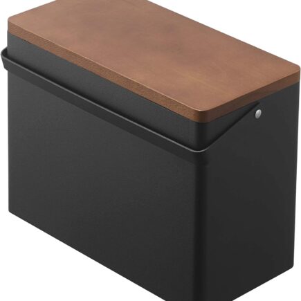 yamazaki tower first aid caddy with wood lid open on kitchen counter