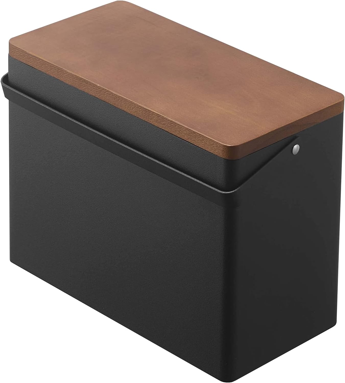 yamazaki tower first aid caddy with wood lid open on kitchen counter