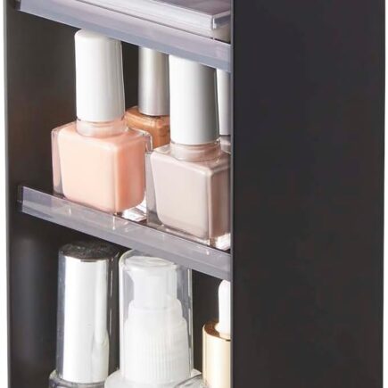 yamazaki tower makeup organizer with mirror lid open on bathroom counter