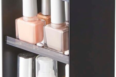 yamazaki tower makeup organizer with mirror lid open on bathroom counter