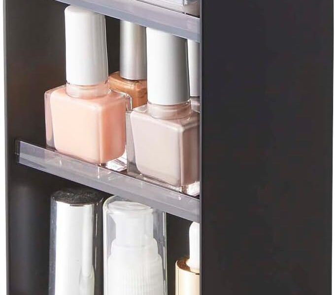 yamazaki tower makeup organizer with mirror lid open on bathroom counter