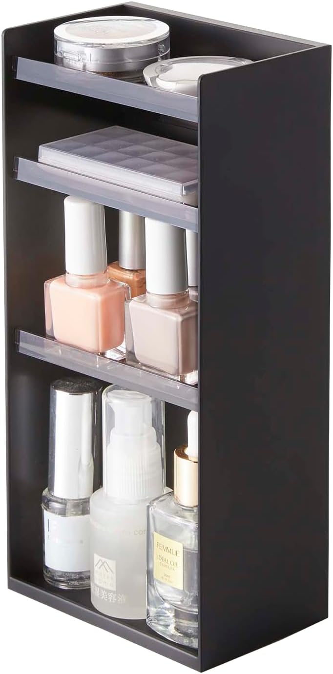 yamazaki tower makeup organizer with mirror lid open on bathroom counter