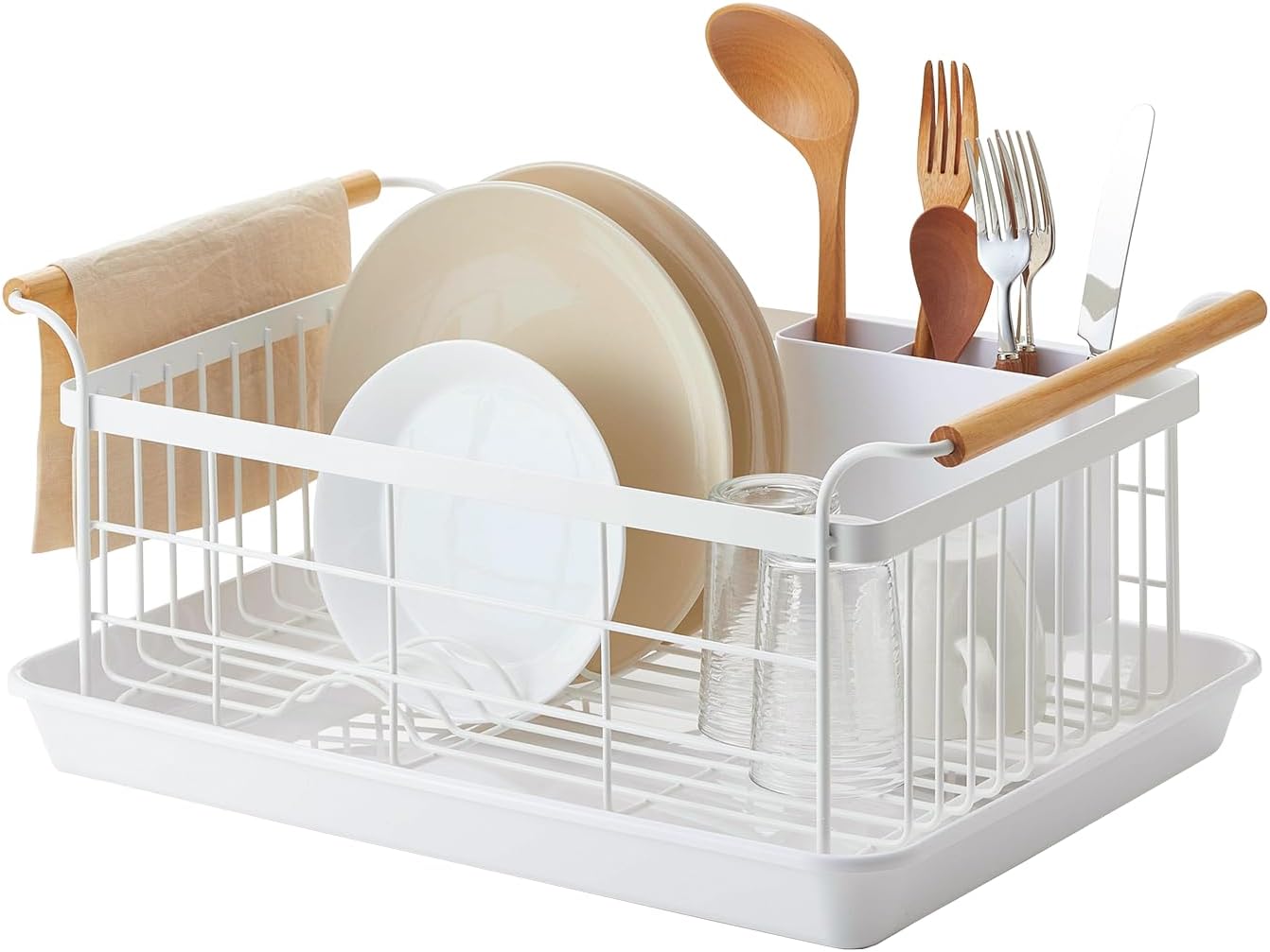yamazaki tower dish rack and pan organizer on a kitchen counter