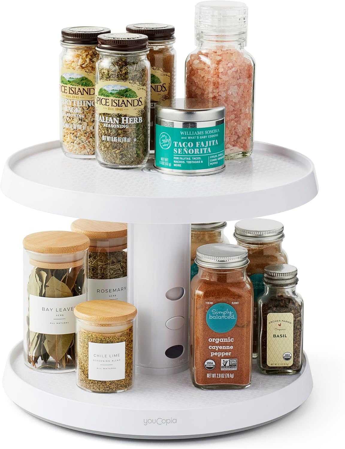 \nclose up of youcopia shelfbin stacking pantry bins filled with snacks\n