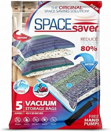 open spacesaver vacuum storage bag with hand pump attached to valve
