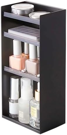 yamazaki tower makeup organizer compartments filled with cosmetics